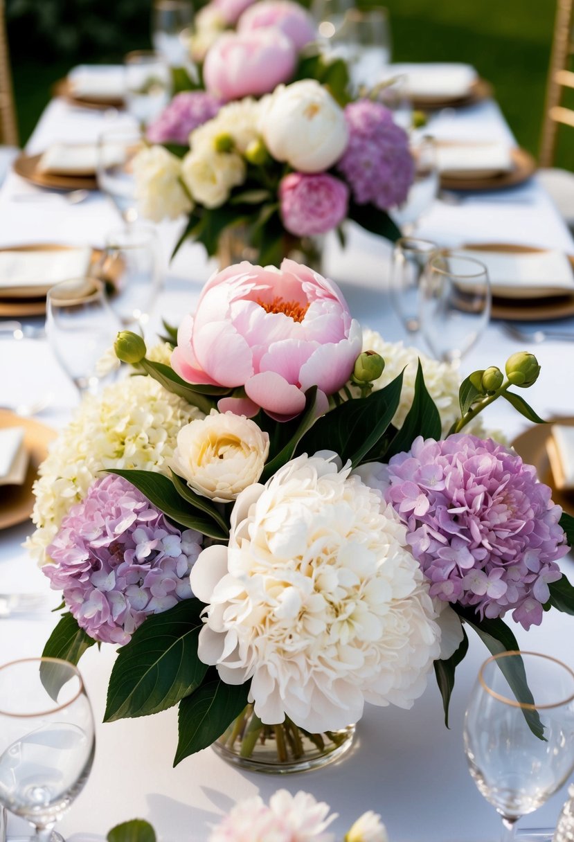 A table adorned with lush peonies and hydrangeas in elegant centerpieces