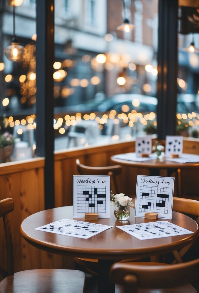 A cozy cafe with tables set for two, adorned with wedding-themed crossword puzzles and romantic decor