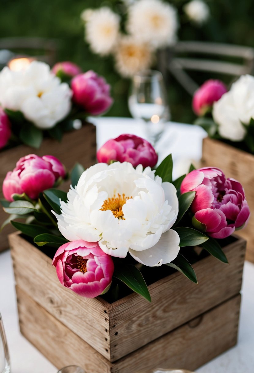 A rustic peony arrangement in wooden boxes as a wedding table decoration