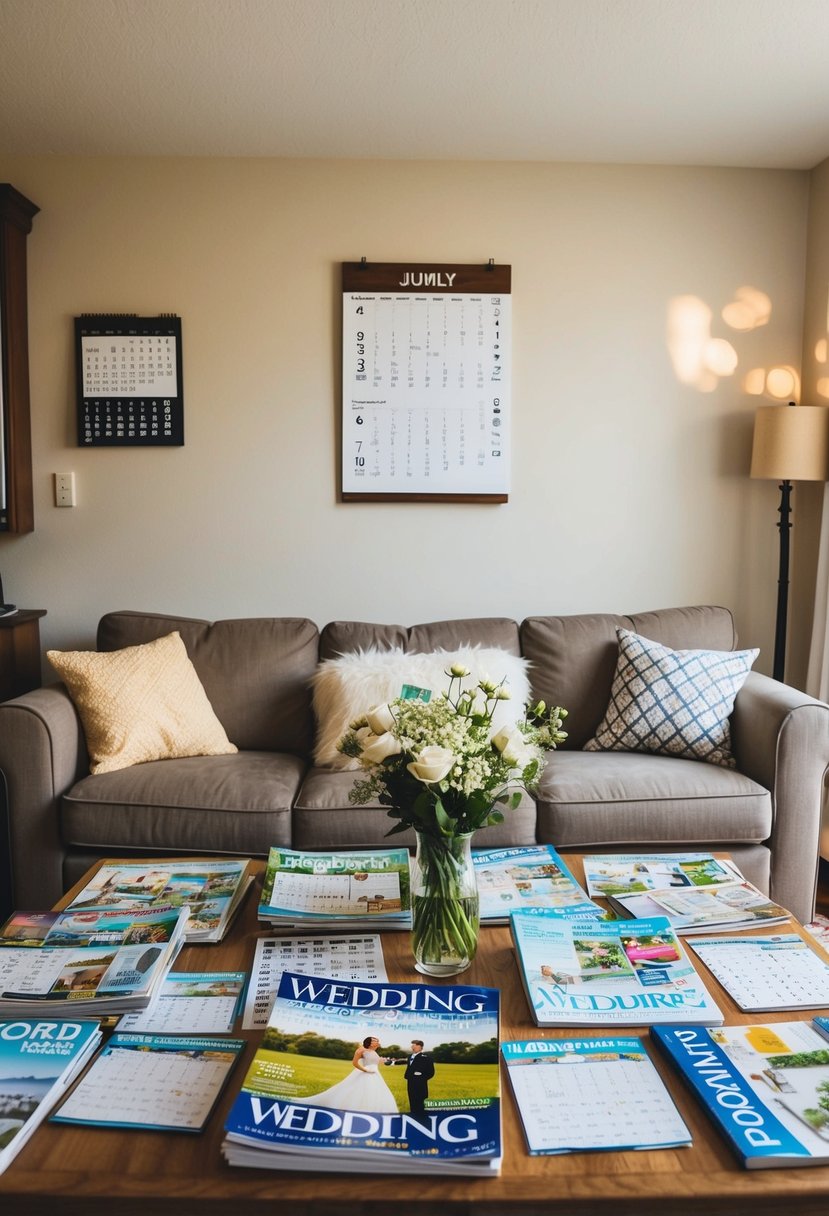 A cozy living room with a coffee table covered in wedding magazines and crossword puzzles, a calendar on the wall showing the month and year