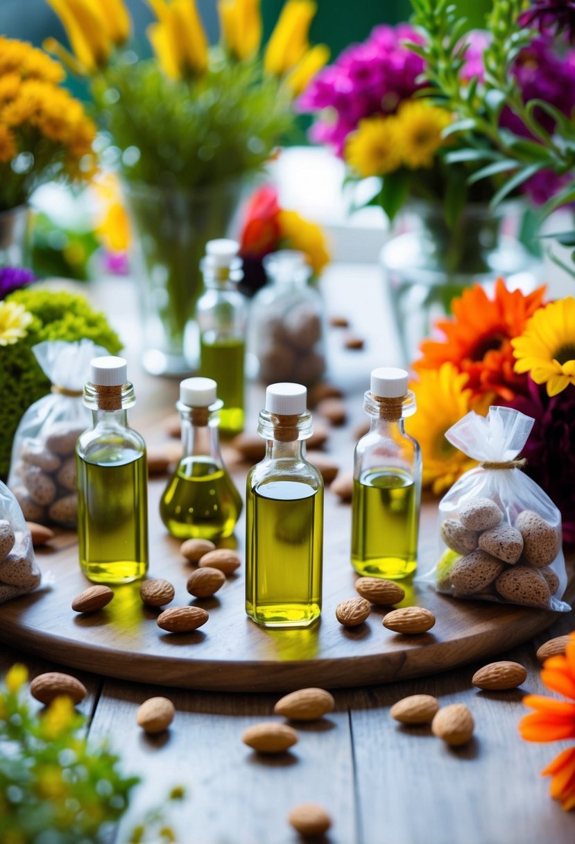 A table adorned with small bottles of olive oil and bags of sugared almonds, surrounded by colorful flowers and greenery