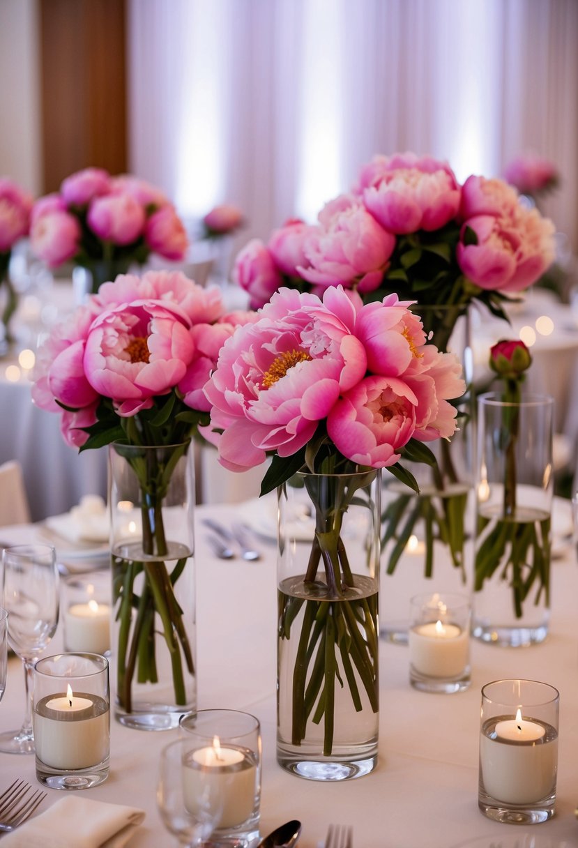 Glass vases filled with pink peonies arranged on a wedding reception table