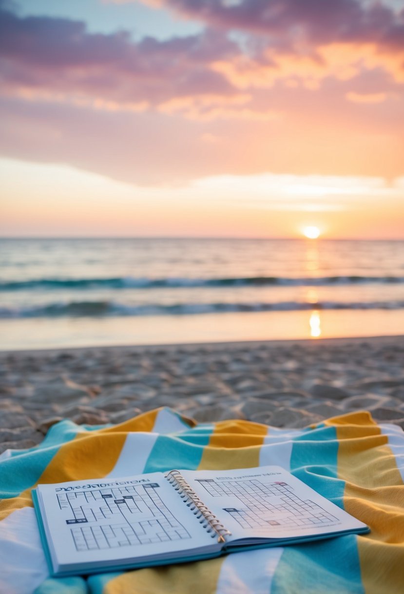 A serene beach with a colorful sunset, a picnic blanket, and a crossword puzzle book open to a wedding-themed page