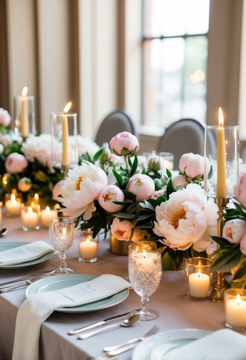 A table adorned with peonies and candlelight, creating a romantic and elegant wedding centerpiece