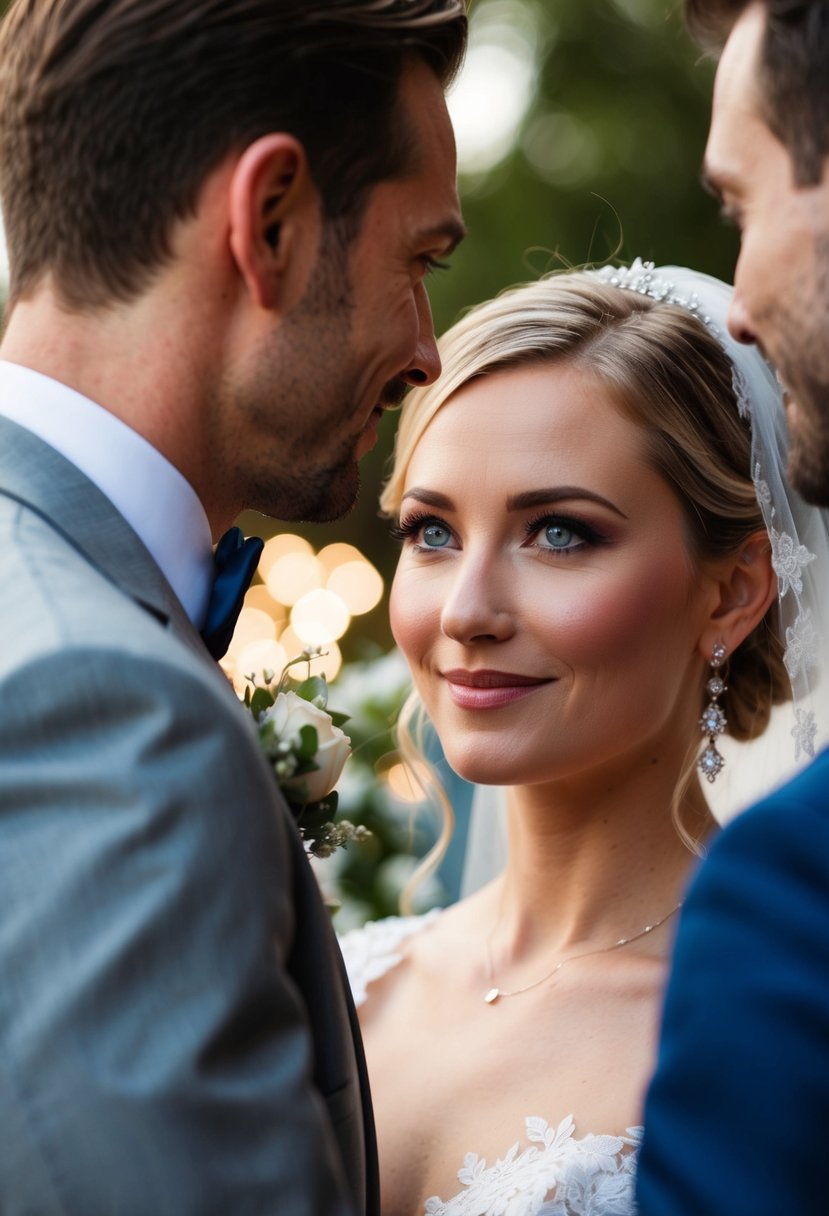 A bride's deep blue eyes gaze lovingly at her partner during the wedding ceremony