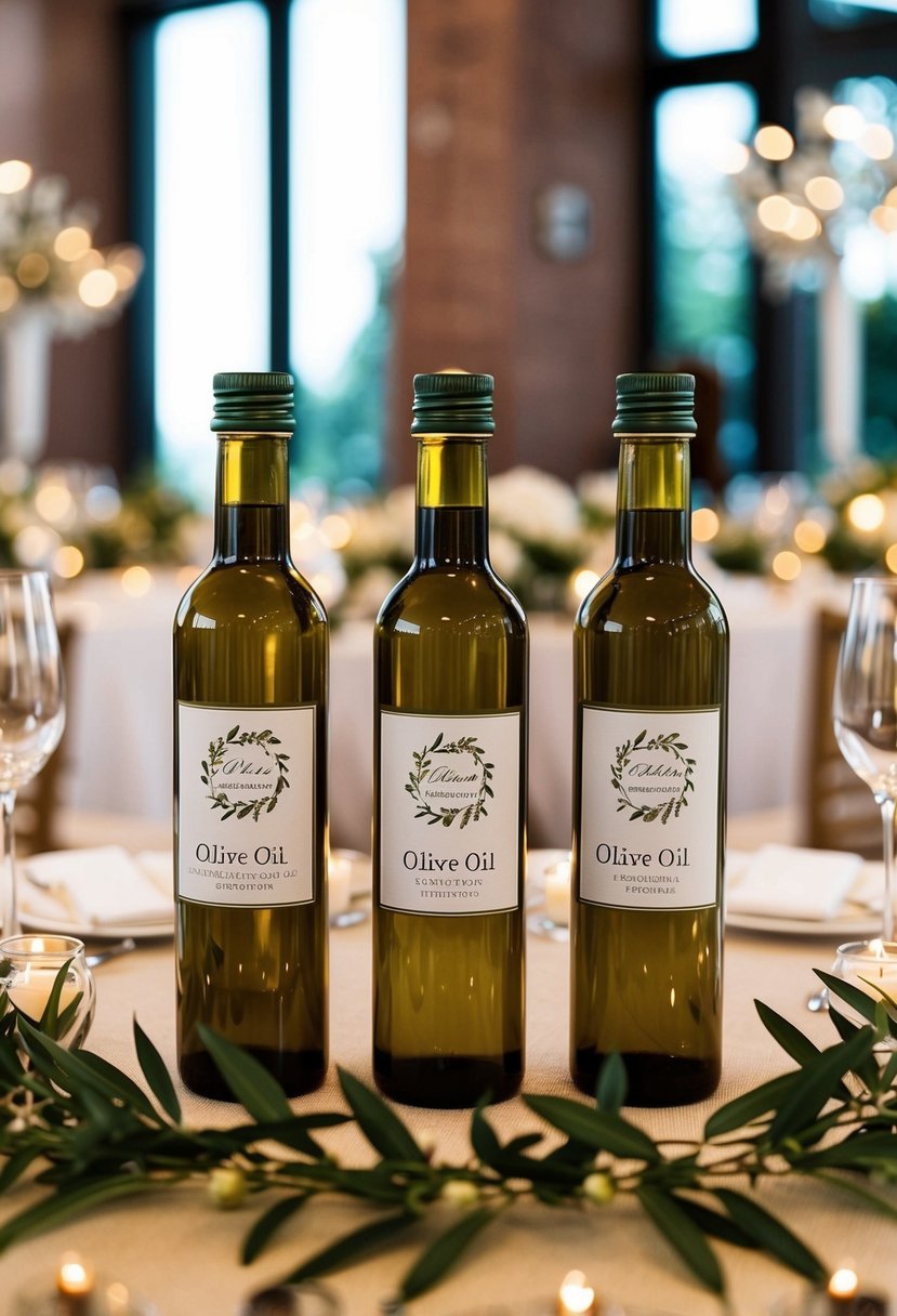 An elegant table display featuring custom olive oil bottles as Italian wedding favors