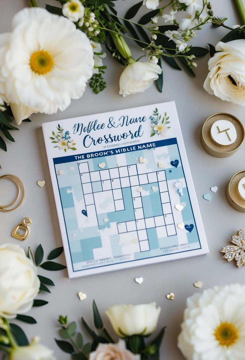 A wedding crossword puzzle with the groom's middle name as the theme, surrounded by floral decorations and wedding symbols