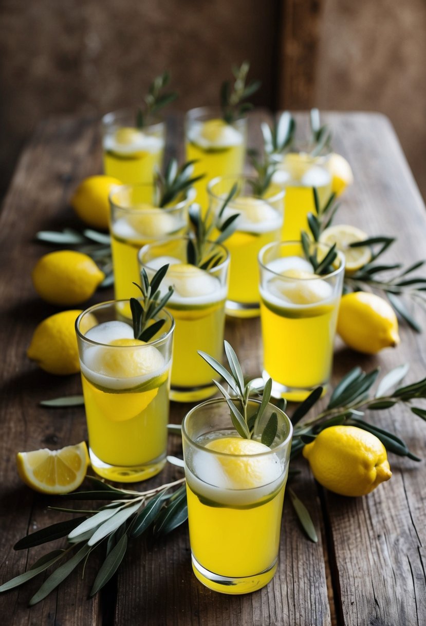 Limoncello-filled tumblers arranged on a rustic wooden table with olive branches and lemons as Italian wedding favors