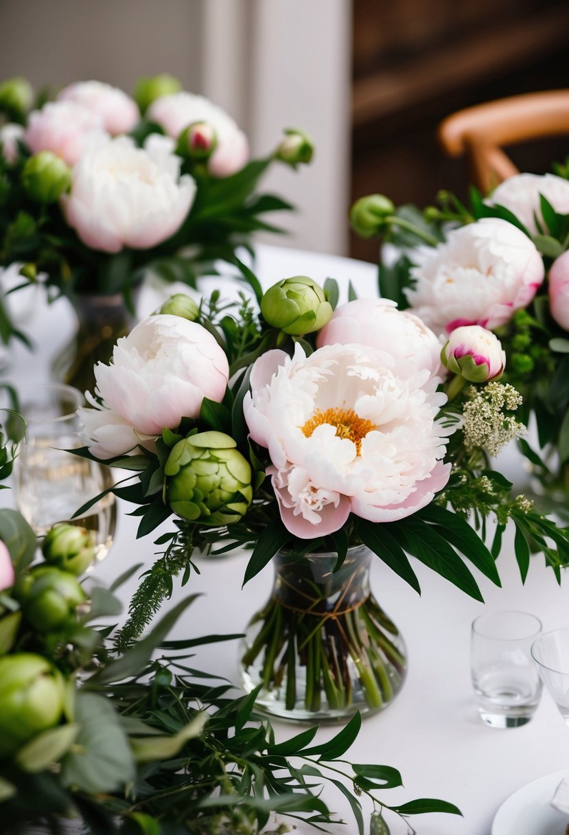 Lush peony bouquets arranged with greenery on wedding tables