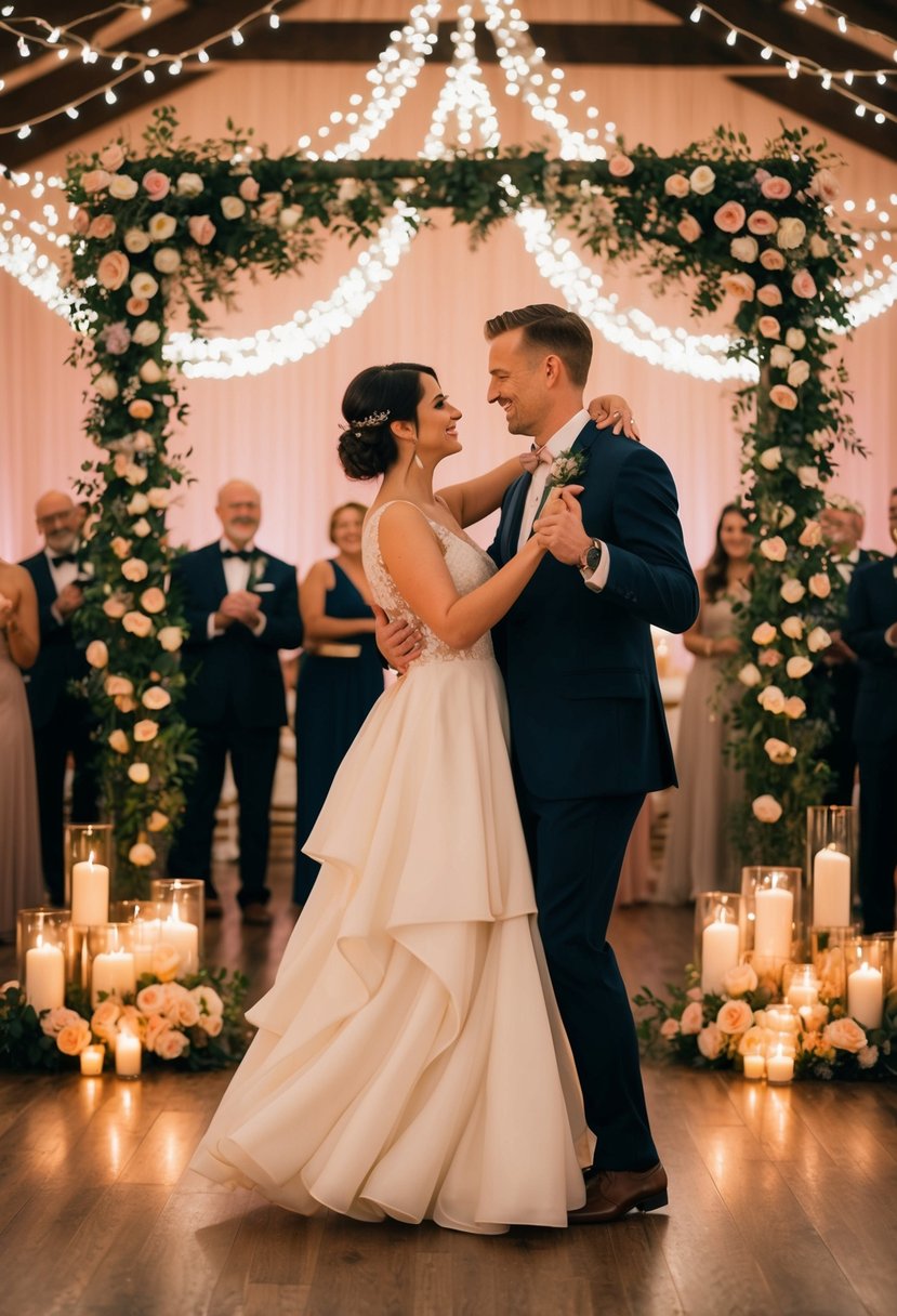 A couple dancing under twinkling lights, surrounded by floral arrangements and the soft glow of candles