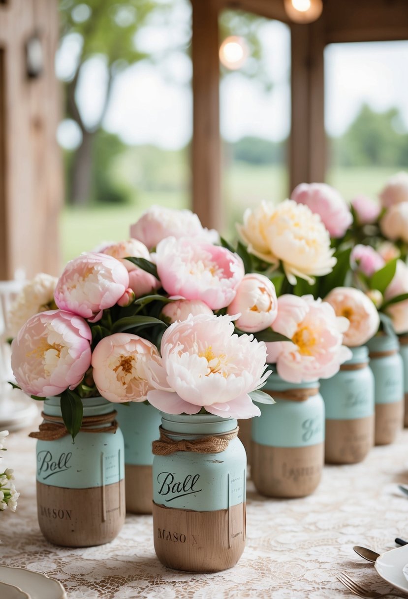 Lush peonies in pastel hues fill rustic mason jars, arranged on a lace-covered table for a vintage-inspired wedding centerpiece