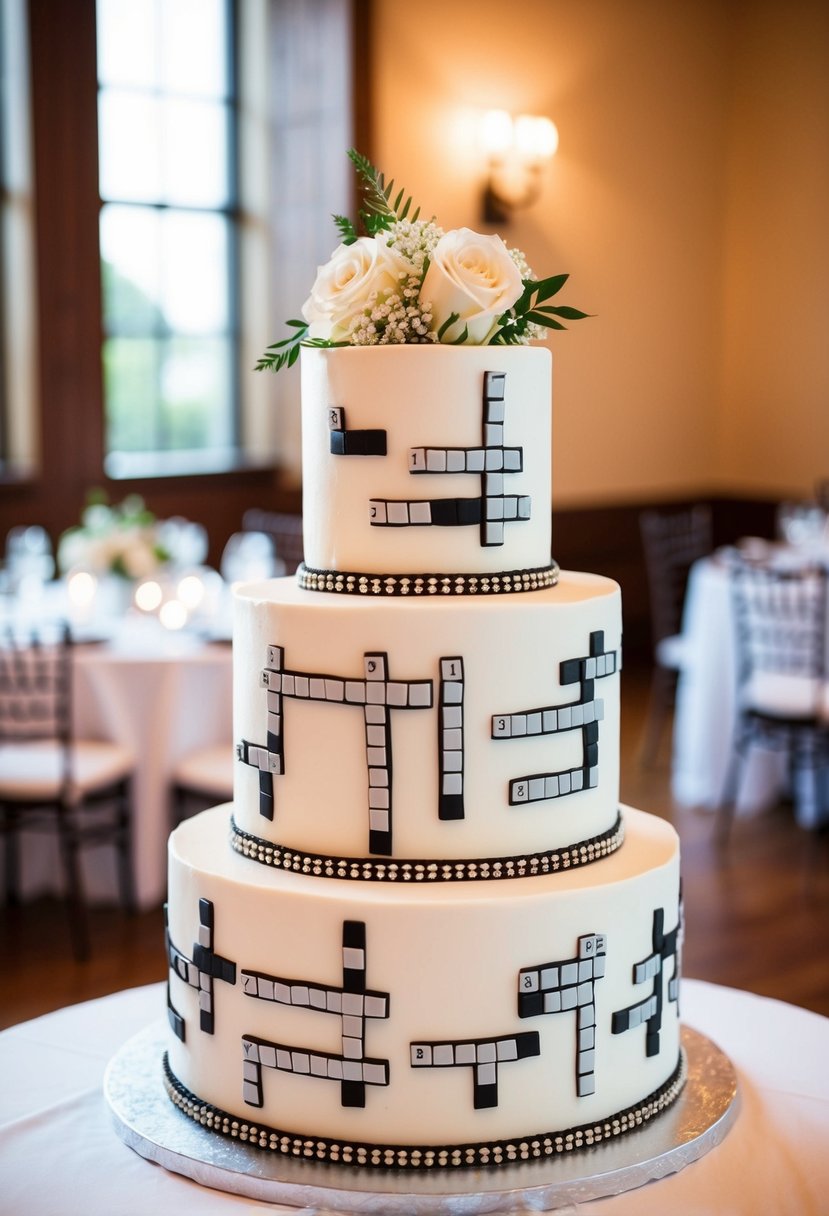 A three-tiered wedding cake adorned with crossword puzzle-themed decorations