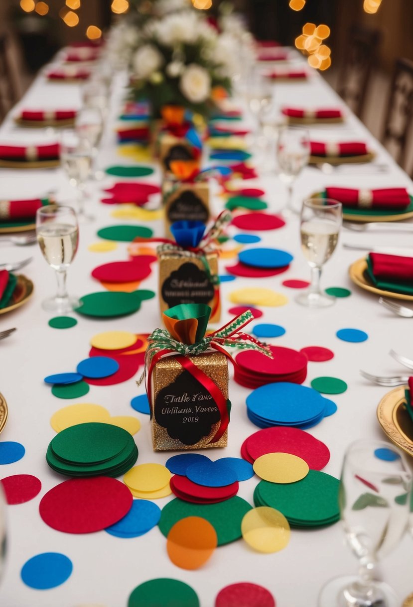 A table adorned with colorful traditional Italian confetti wedding favors and decorative ribbons