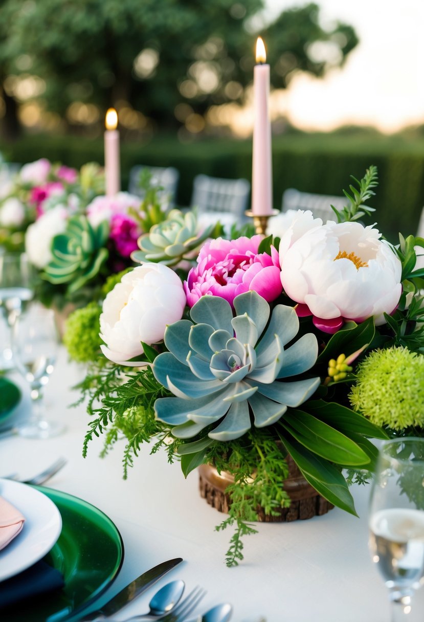 A lush peony and succulent centerpiece adorns a wedding table, blending soft petals with vibrant greenery