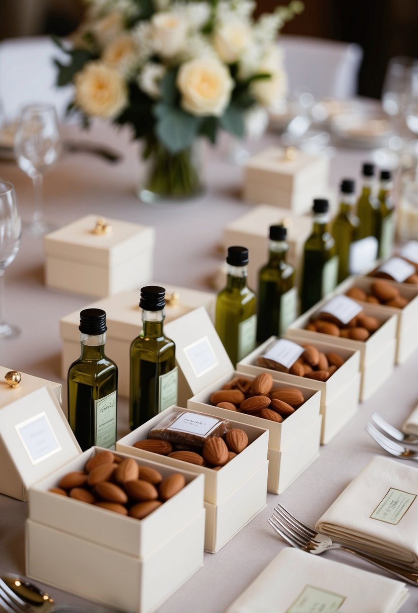 A table adorned with elegant keepsake boxes, filled with traditional Italian wedding favors like Jordan almonds and small bottles of olive oil