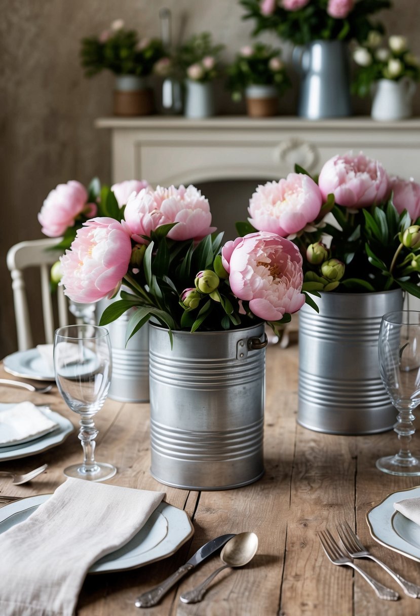 A rustic table adorned with tin vases filled with lush peonies in a French country style setting