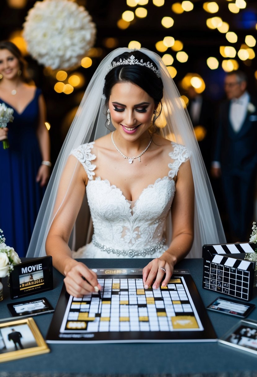 A bride completing a movie-themed wedding crossword surrounded by film-related decorations and memorabilia