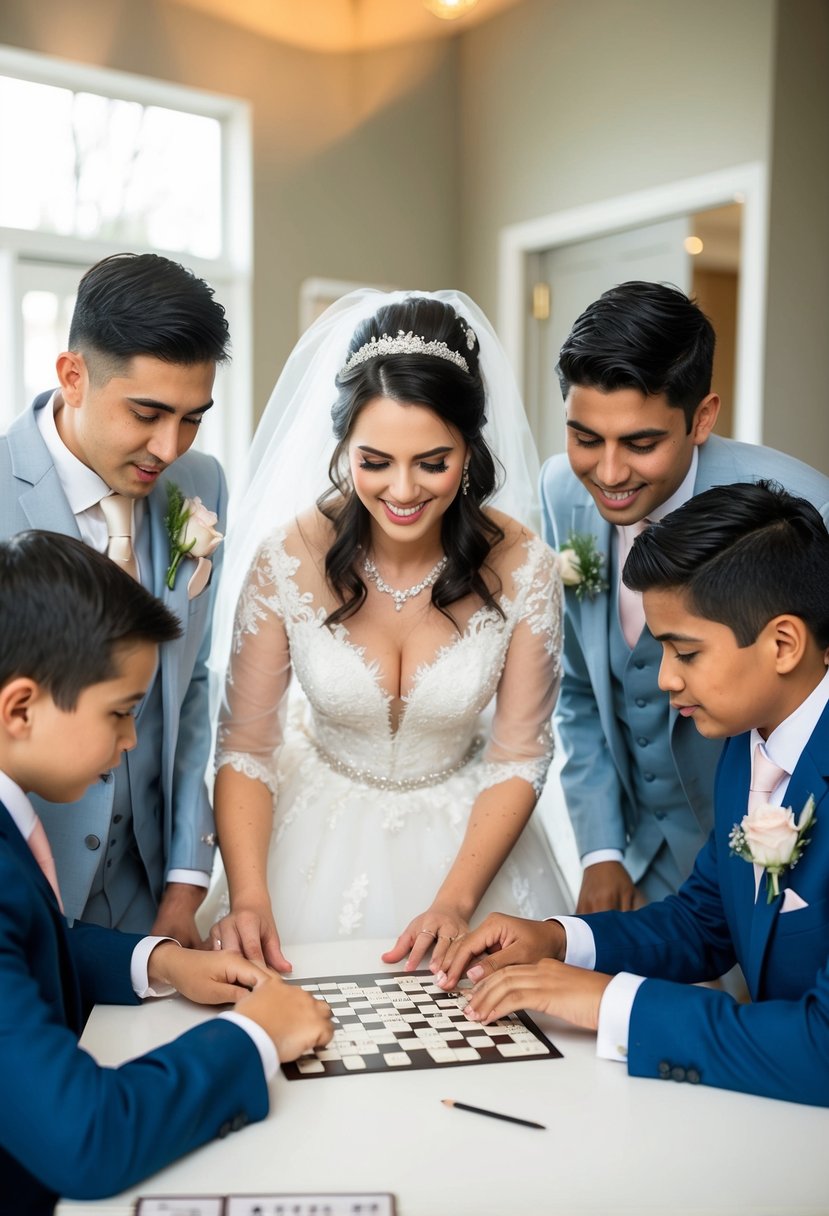 A bride with three siblings solving a wedding-themed crossword puzzle