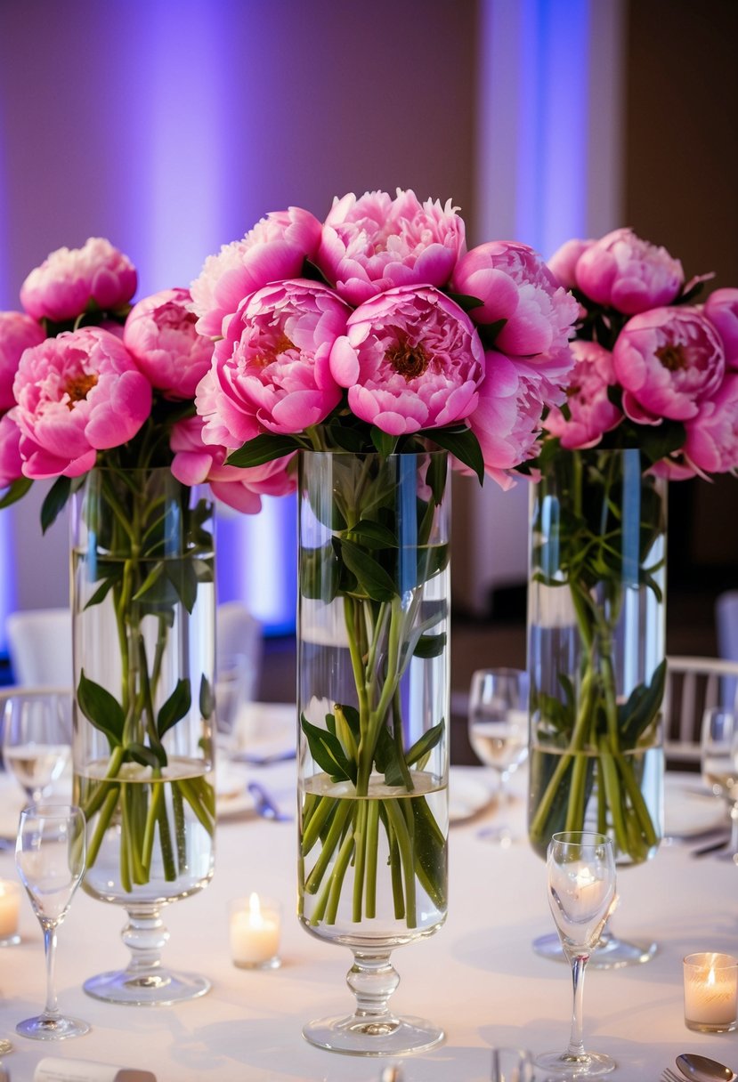 Tall clear vases filled with lush pink peonies arranged on a wedding reception table