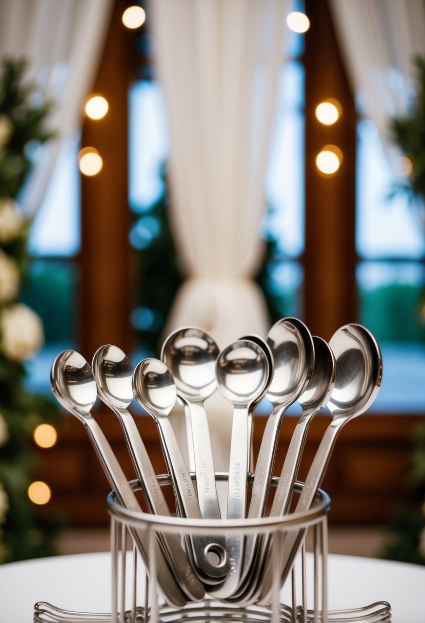 A set of stainless steel measuring spoons arranged in a decorative display, with an Italian wedding theme