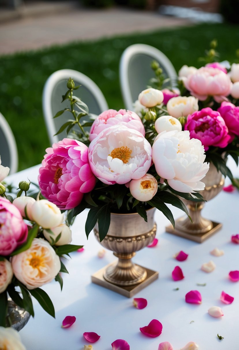 A table adorned with lush peonies and garden roses in various shades, arranged in elegant vases and scattered petals