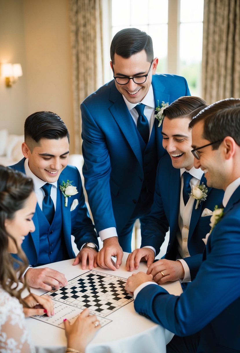 A groom surrounded by his siblings, laughing and working on a crossword puzzle together at his wedding