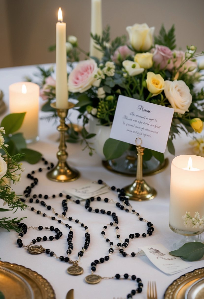 A table adorned with completed rosaries and remembrance cards, surrounded by delicate floral arrangements and soft candlelight