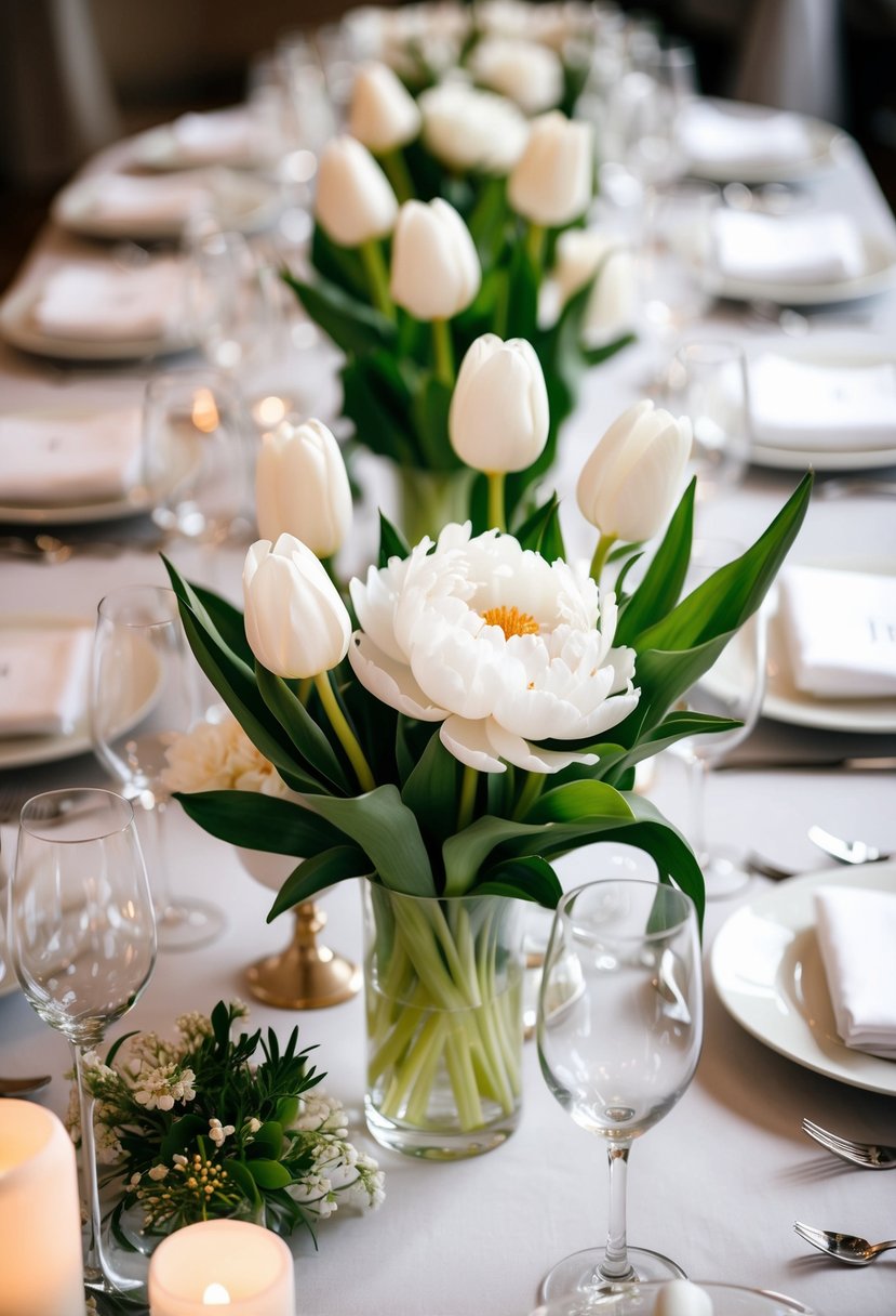 A table adorned with white peony and tulip centerpieces, creating an elegant and romantic atmosphere for a wedding celebration