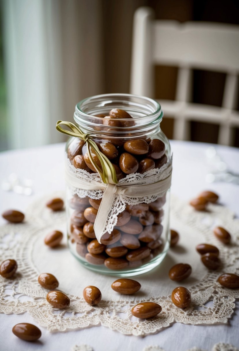 A glass jar filled with candy-coated almonds sits on a table, surrounded by delicate lace and ribbon, ready to be used as Italian wedding favors