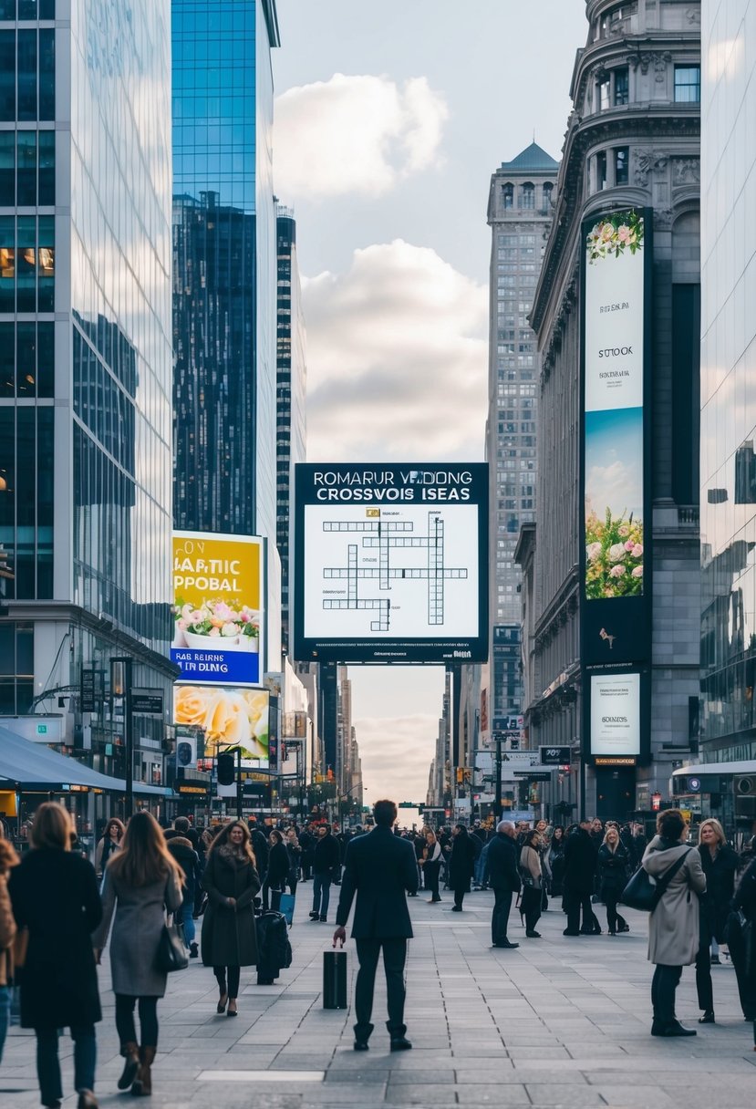 A bustling city street with a view of a romantic proposal and wedding crossword ideas displayed on a large billboard