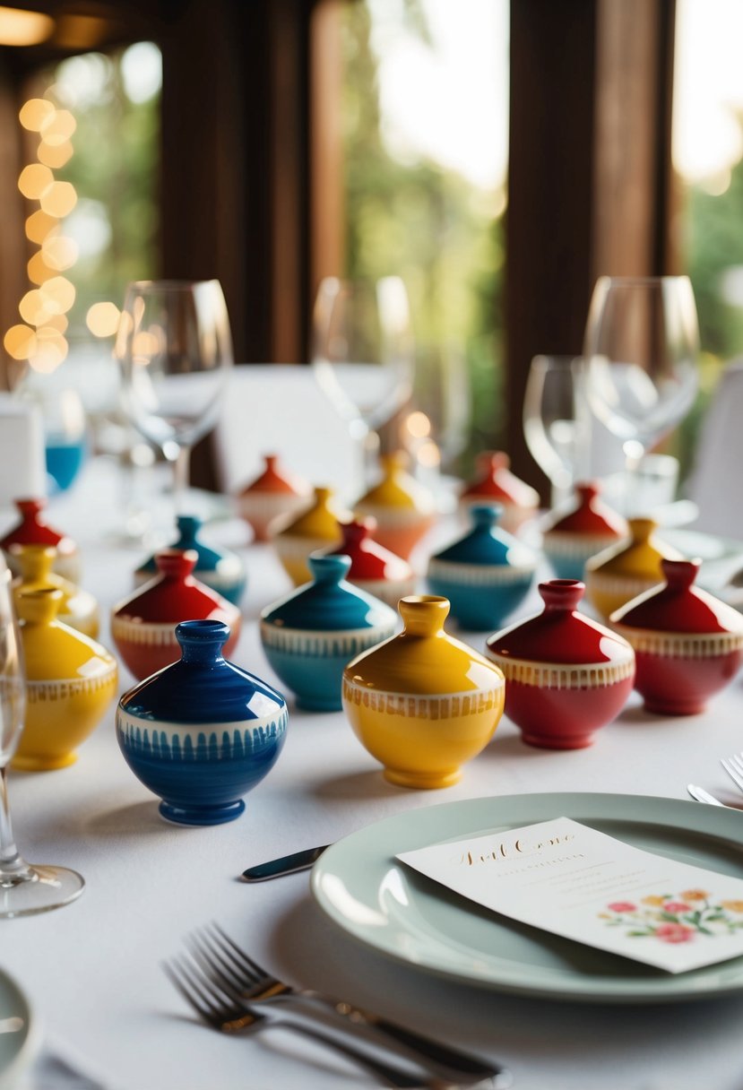 A table set with colorful handmade ceramic wedding favors