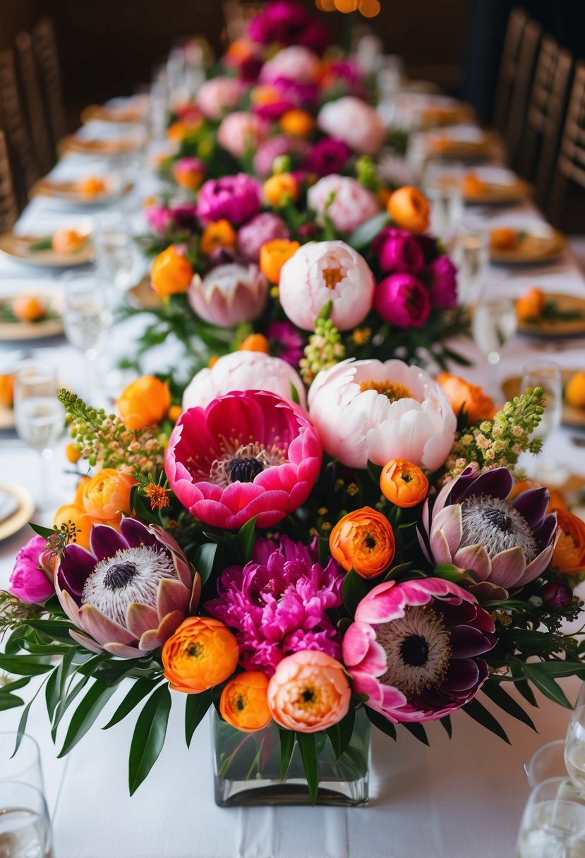 A vibrant array of peonies and proteas arranged in a centerpiece on a wedding table, creating a colorful and elegant floral display