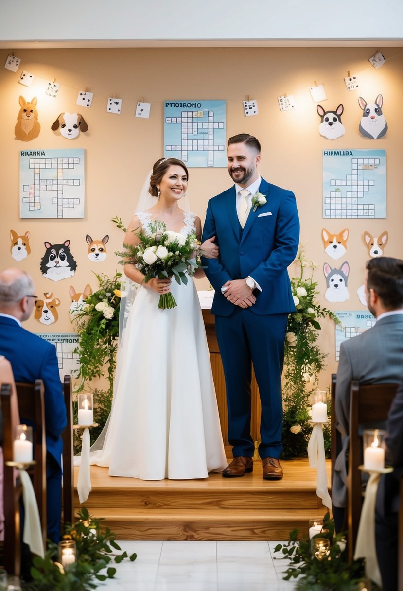 A bride and groom stand at an altar surrounded by whimsical animal-themed decorations, including crossword puzzles and illustrations of their favorite animals