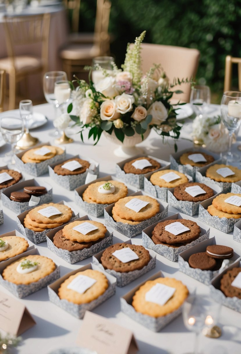 A table adorned with an assortment of Italian cookies in decorative packaging, surrounded by delicate floral arrangements and elegant wedding favors