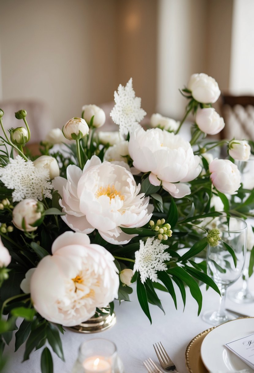 A lush arrangement of peonies and Queen Anne's Lace adorns a wedding table, adding a touch of elegance and romance to the celebration