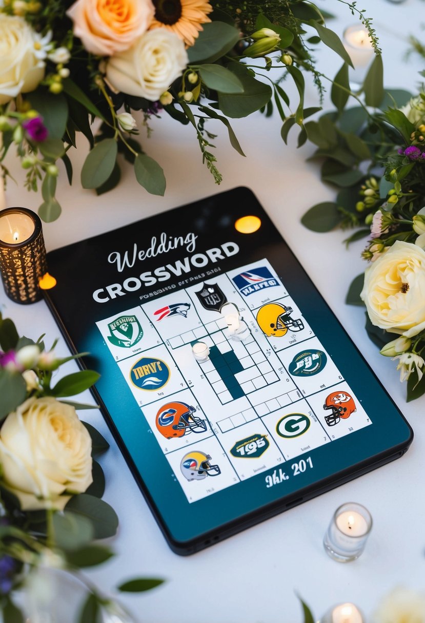 A wedding crossword puzzle featuring the groom's favorite sports team logos and players, surrounded by wedding decor and flowers