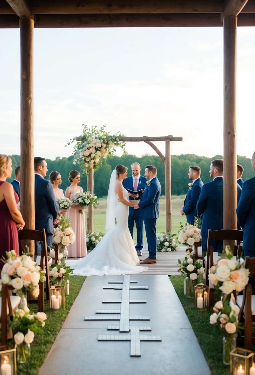 A beautiful outdoor wedding ceremony at a rustic venue with a crossword theme, featuring elegant decor and floral arrangements