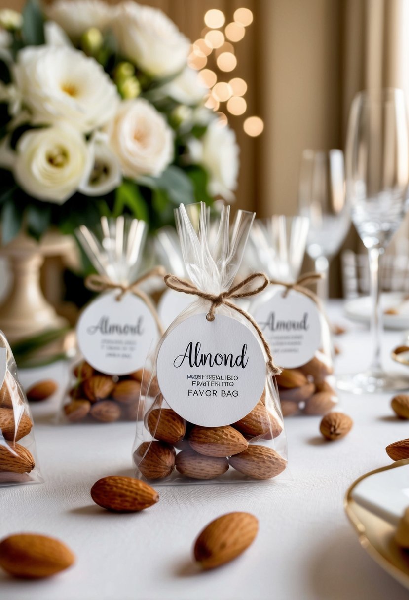 A table adorned with personalized almond favor bags, surrounded by elegant Italian wedding decor