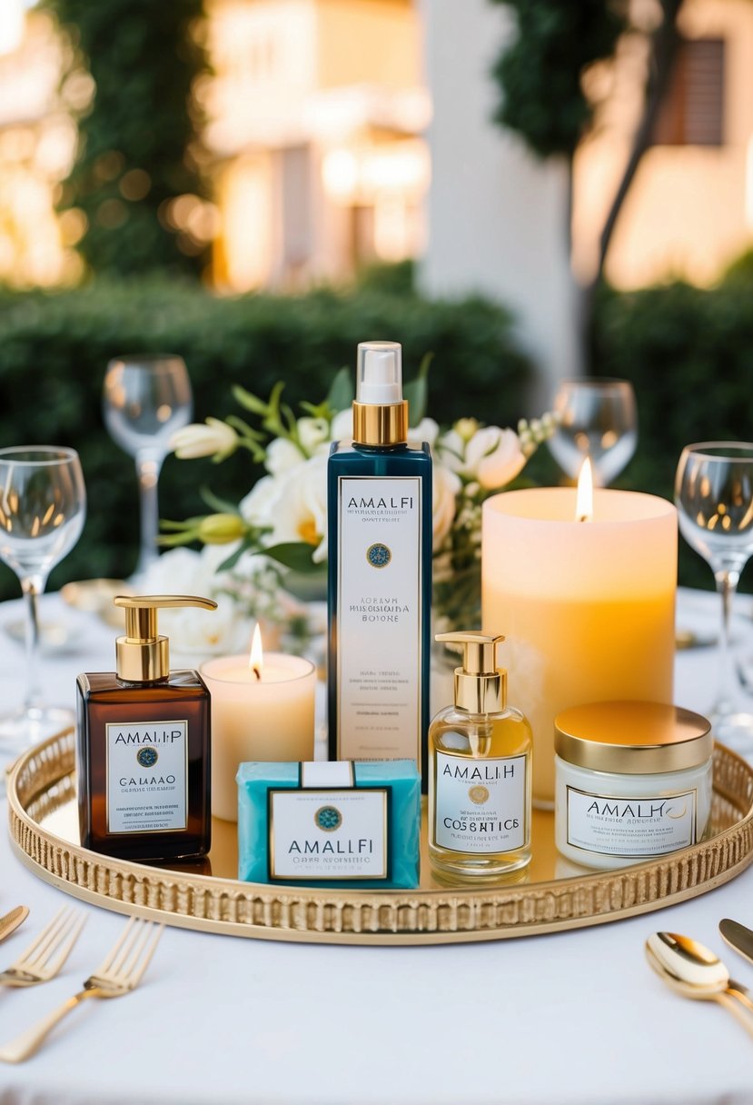 A table adorned with elegant Italian wedding favors from Amalfi Cosmetics, including luxurious soaps, fragrant candles, and delicate skincare products