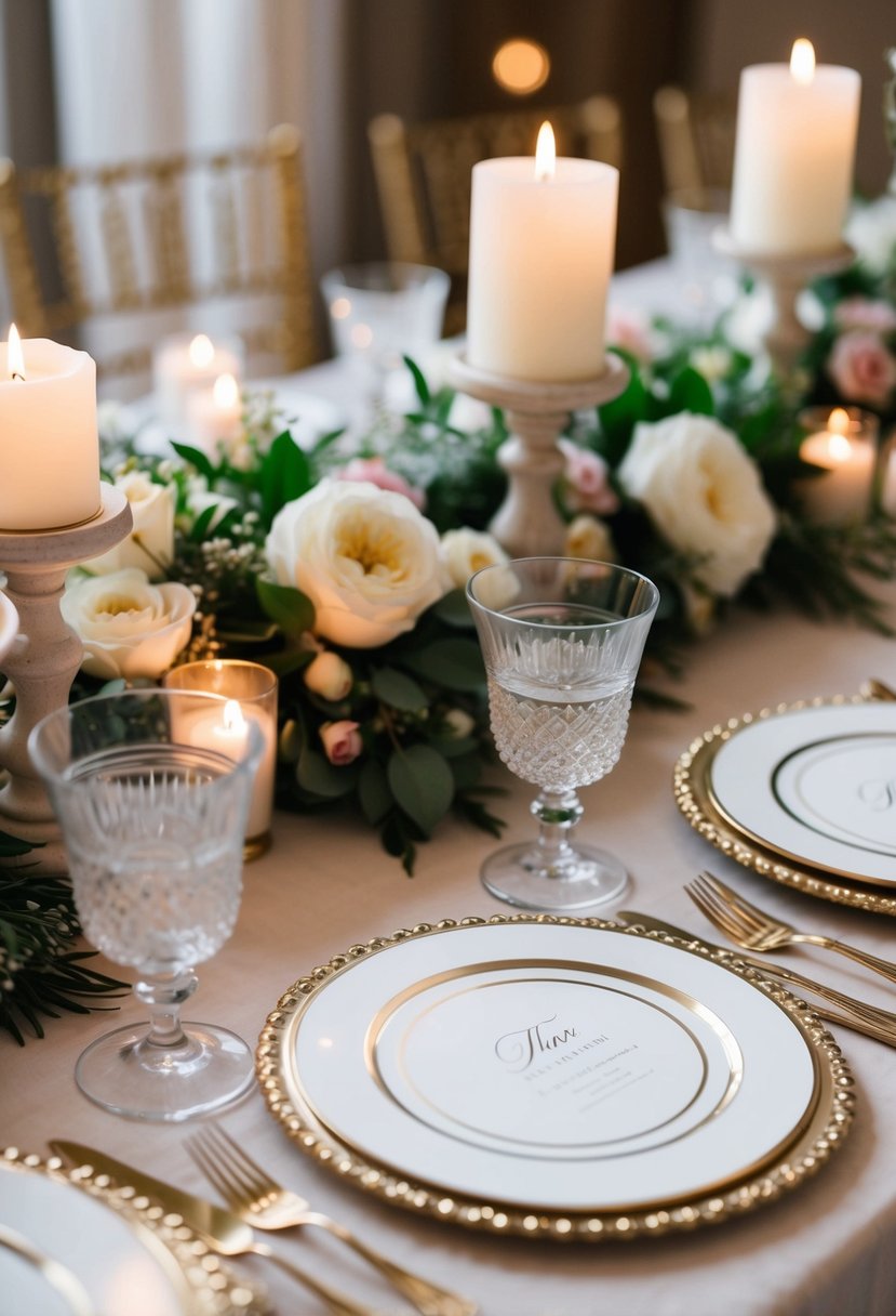 A table adorned with elegant wedding coasters in an Italian-inspired setting, surrounded by floral arrangements and soft candlelight