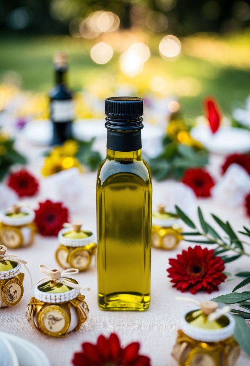 A small bottle of olive oil surrounded by Italian wedding favor decorations