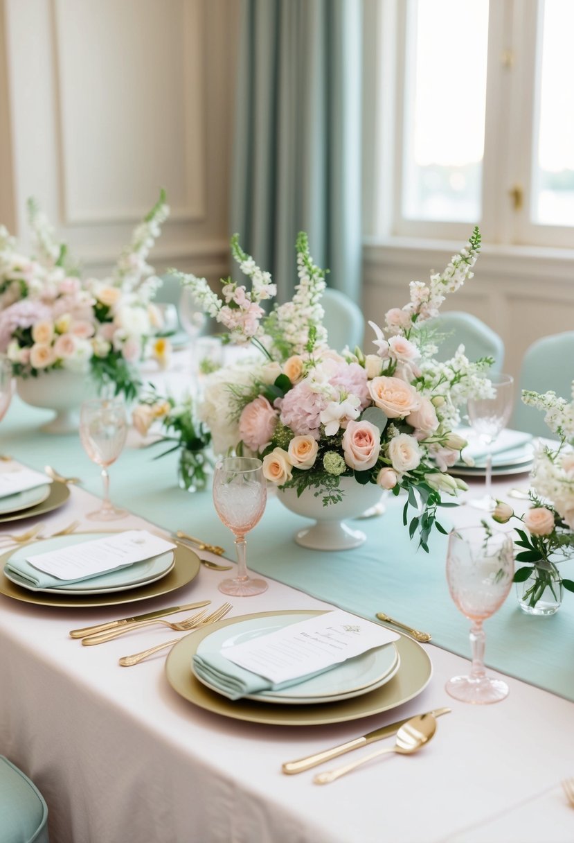 A pastel-themed wedding table with delicate floral centerpieces, soft linen tablecloths, and elegant place settings