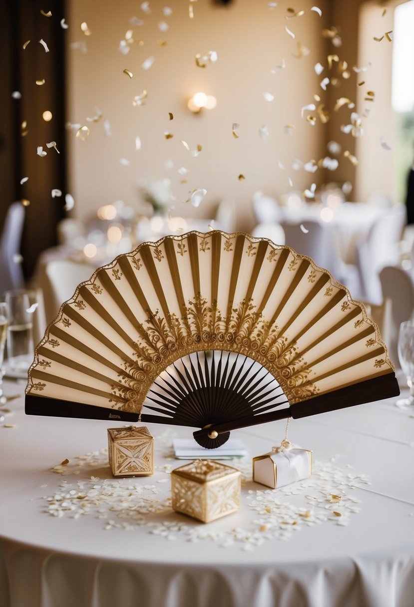 An ornate hand fan with Italian design motifs rests on a table, surrounded by delicate confetti and traditional wedding favors