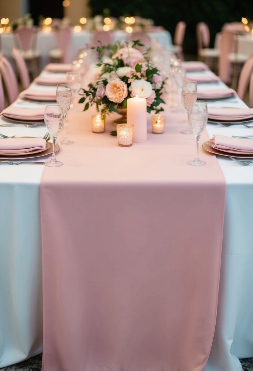 Blush pink table runners draped elegantly across a pastel-themed wedding reception table, adorned with delicate floral centerpieces and glowing candles