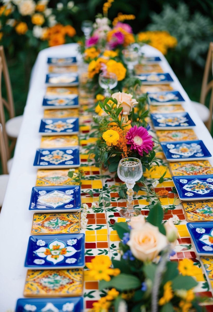 A table adorned with colorful ceramic tiles, adorned with traditional Italian wedding favor designs, surrounded by vibrant flowers and greenery