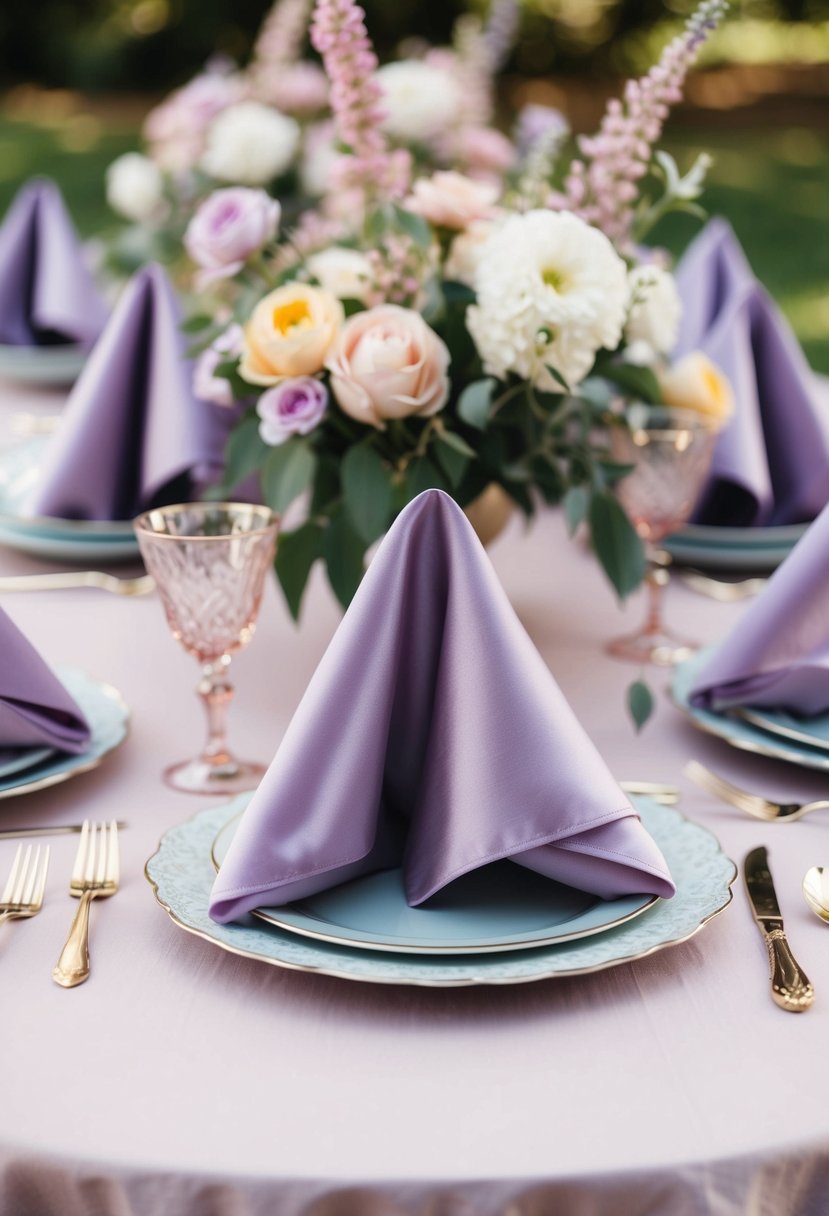 Lavender silk napkins arranged on a pastel wedding table with delicate floral centerpieces