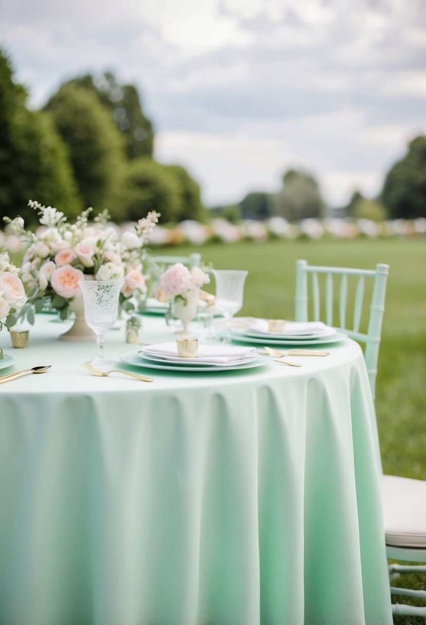 A mint green tablecloth drapes over a table adorned with pastel flowers and delicate tableware, creating a serene and elegant wedding table setting