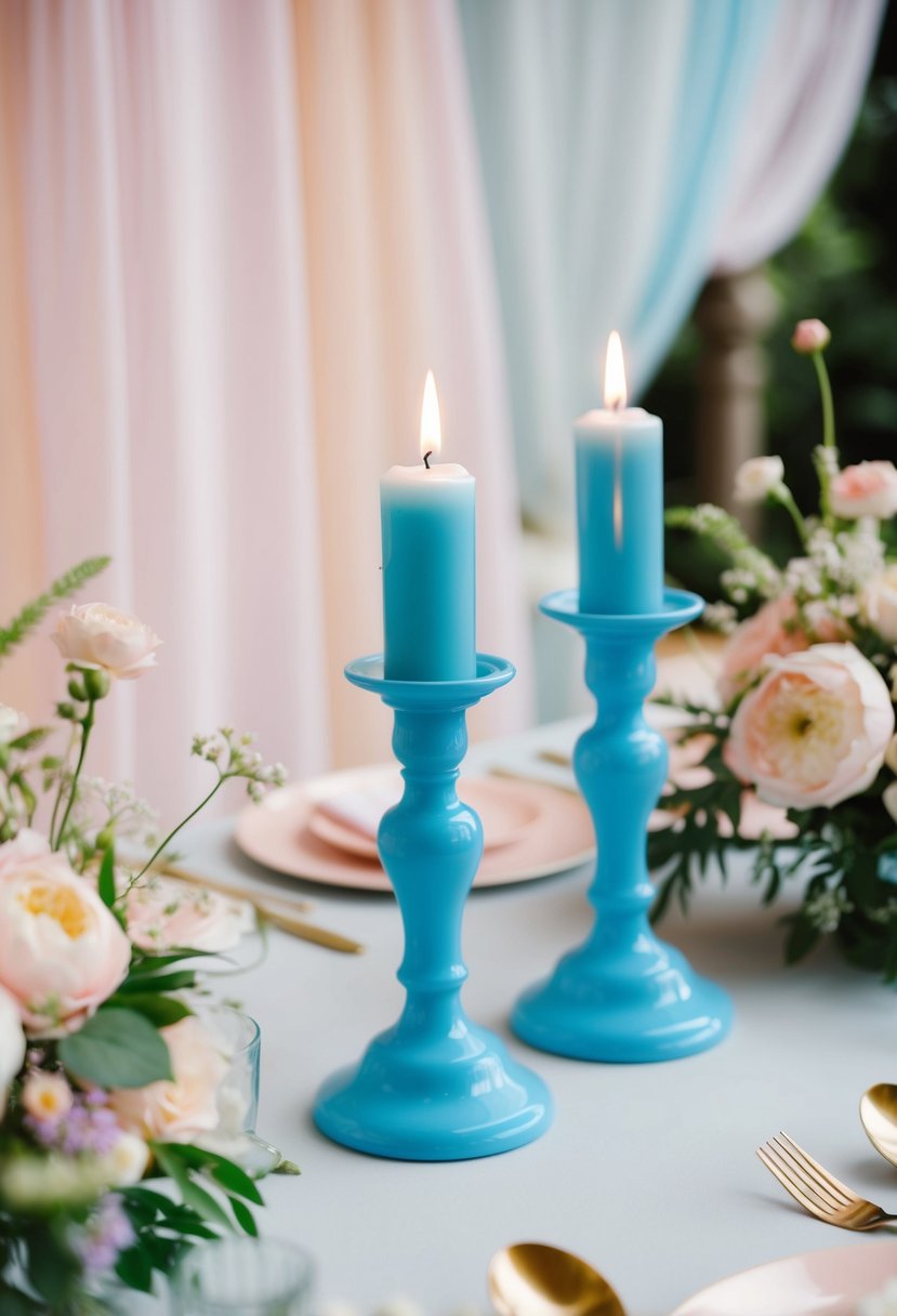 Two sky blue candlestick holders stand on a pastel wedding table, surrounded by delicate floral arrangements and soft, flowing fabric