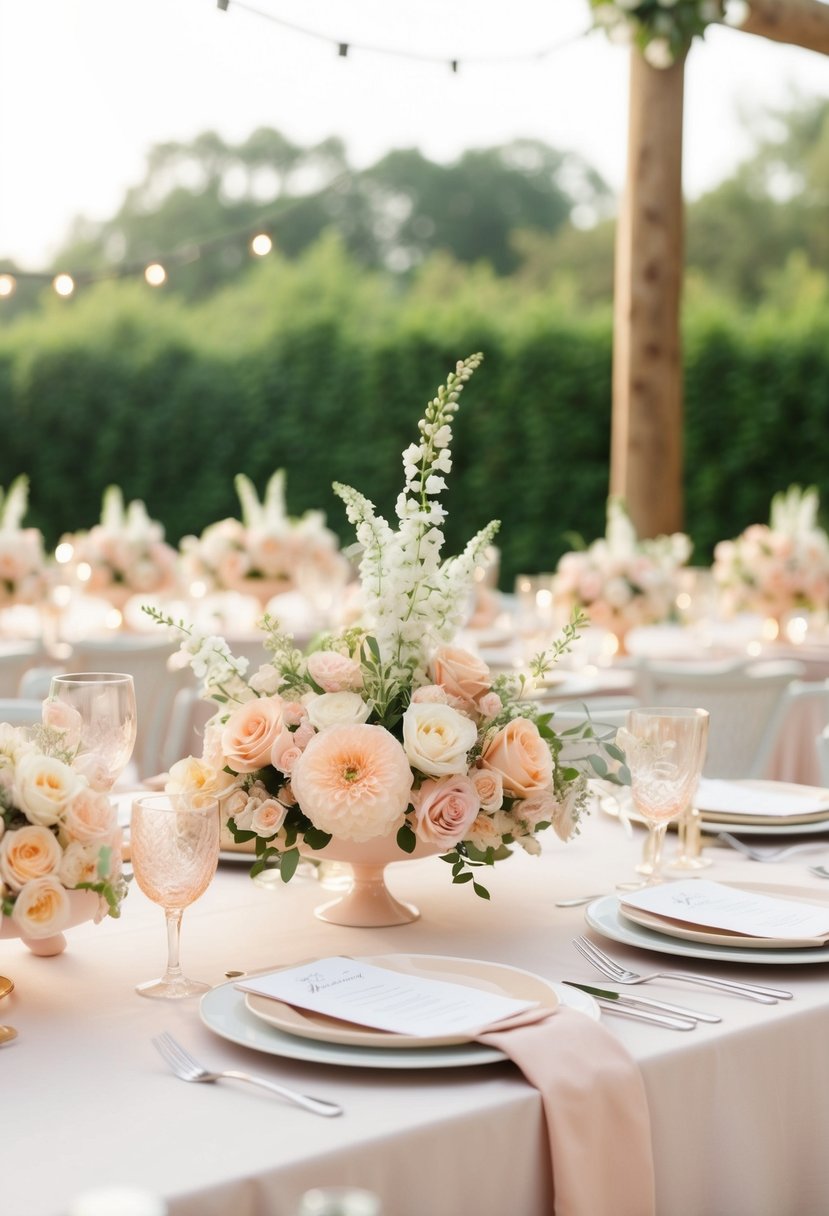 A table set with pastel peach and cream floral arrangements for a wedding