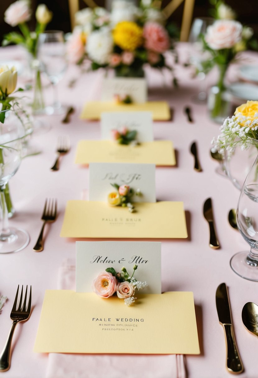 Pale yellow place cards arranged on a pastel wedding table with delicate floral centerpieces